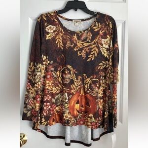 ONE WORLD TOP SIZE SMALL PUMPKIN RHINESTONES LONG SLEEVE PULLOVER CREW NECK KNIT